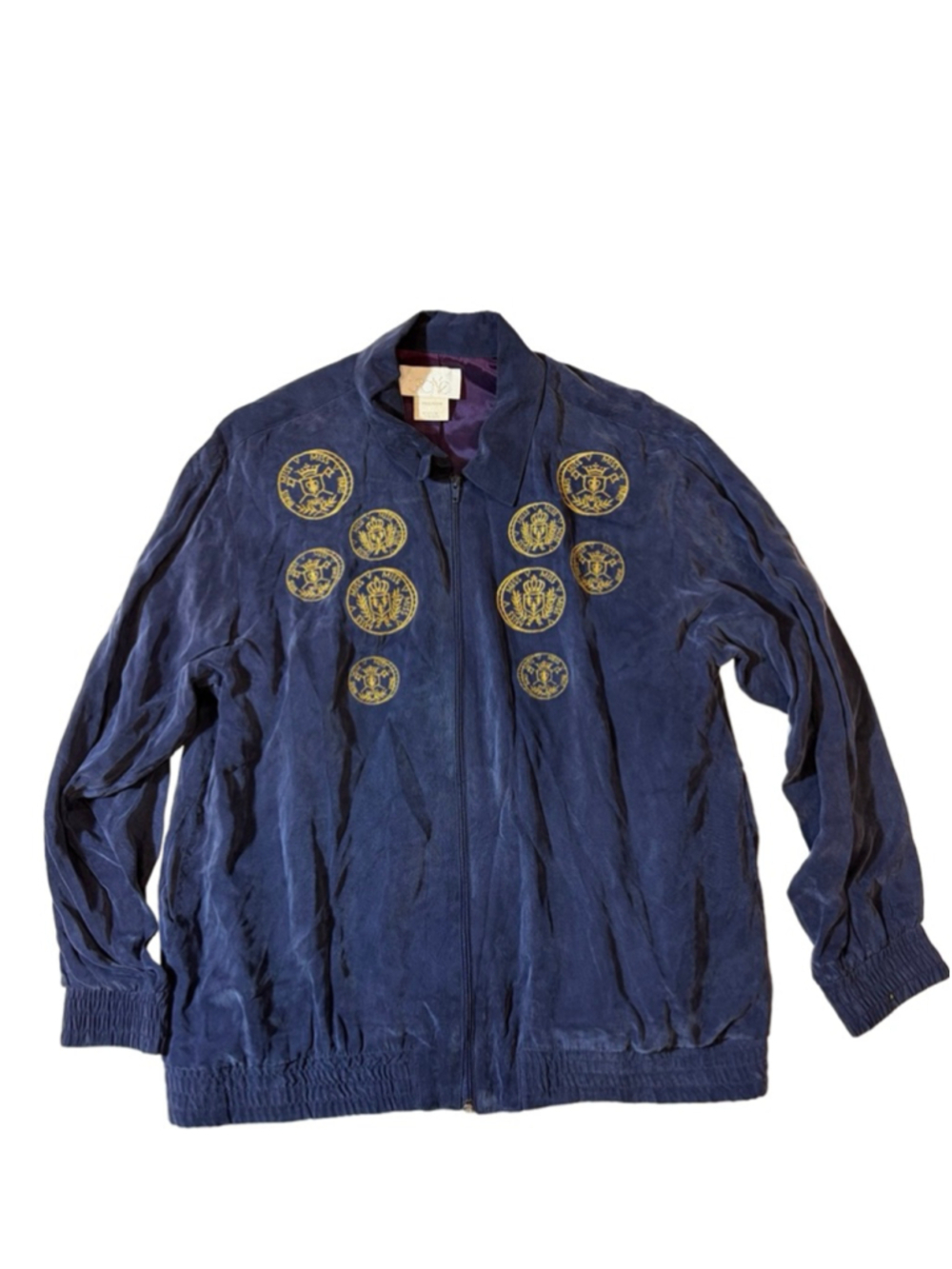 Vintage Cache Blue Rayon Bomber Jacket Gold Crest Embroidered USA Made Medium